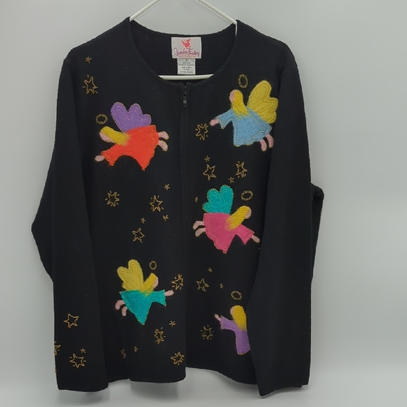 Quacker Factory 100% Wool Fairy Cardigan 1x Black Beaded Zip Up Angel Long Women - Picture 1 of 10